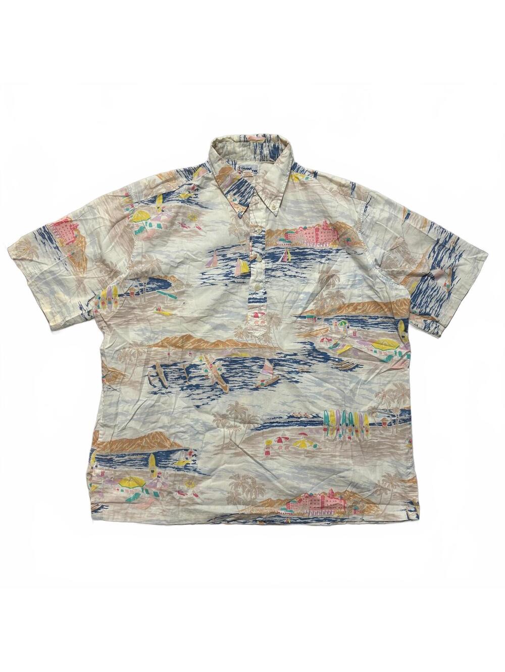 VTG Reyn Spooner Hawaiian Waikiki Surf Scene Print Pullover Shirt Mens XXL White